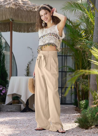 Pantaloni casual lejeri pentru femei, cu buzunare si snur in talie, Crem S [5]