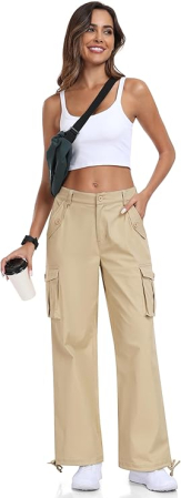 Pantaloni casual respirabili pentru femei, drepti cu buzunare laterale crem L [5]