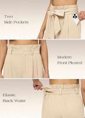 Pantaloni casual lejeri pentru femei, cu buzunare si snur in talie, Crem M [4]