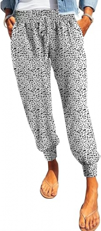 Pantaloni dama - Pantaloni sport respirabili pentru femei, Albi cu model leopard 2XL