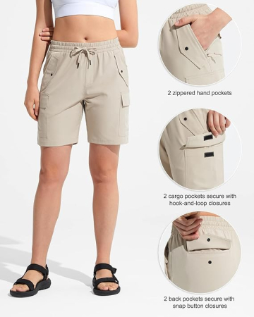 Pantaloni sport respirabili pentru femei, cu buzunare si talie elastica, scurti crem L [3]