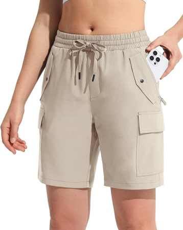 Pantaloni sport respirabili pentru femei, cu buzunare si talie elastica, scurti crem 3XL [2]