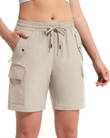 Pantaloni dama - Pantaloni sport respirabili pentru femei, cu buzunare si talie elastica, scurti crem 2XL