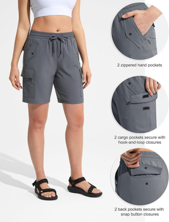 Pantaloni sport respirabili pentru femei, cu buzunare si talie elastica, scurti gri XL [3]