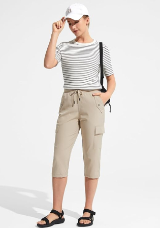 Pantaloni sport respirabili pentru femei, cu buzunare si talie elastica, 3/4 crem 3XL [4]