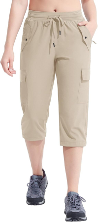 Pantaloni dama - Pantaloni sport respirabili pentru femei, cu buzunare si talie elastica, 3/4 crem XL