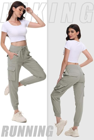 Pantaloni sport respirabili pentru femei, cu buzunare si talie elastica, lungi crem XL [4]