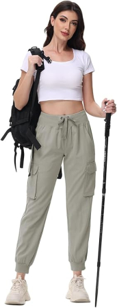 Pantaloni sport respirabili pentru femei, cu buzunare si talie elastica, lungi crem XL [5]