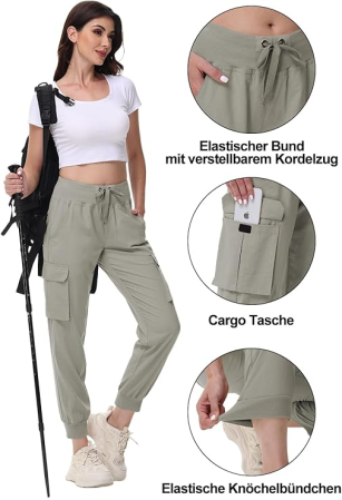 Pantaloni sport respirabili pentru femei, cu buzunare si talie elastica, lungi crem XL [3]