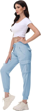 Pantaloni sport respirabili pentru femei, cu buzunare si talie elastica, lungi bleu L [5]
