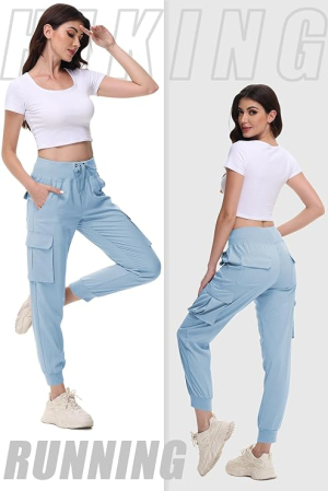 Pantaloni sport respirabili pentru femei, cu buzunare si talie elastica, lungi bleu XL [3]