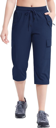 Pantaloni dama - Pantaloni sport respirabili pentru femei, cu buzunare si talie elastica, 3/4 albastru M