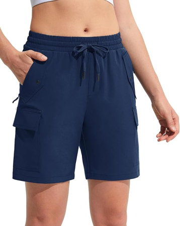 Pantaloni dama - Pantaloni sport respirabili pentru femei, cu buzunare si talie elastica, scurti albastru L
