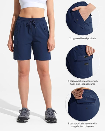 Pantaloni sport respirabili pentru femei, cu buzunare si talie elastica, scurti albastru L [3]