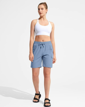 Pantaloni sport respirabili pentru femei, cu buzunare si talie elastica, scurti Bleu 2XL [4]