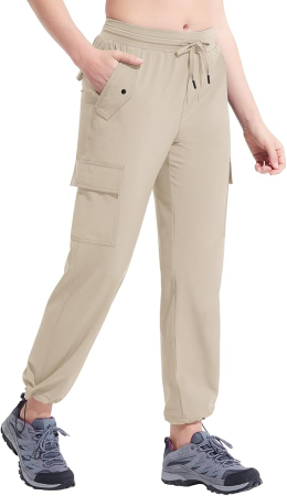 Pantaloni dama - Pantaloni sport respirabili pentru femei, cu buzunare si talie elastica, lungi crem M