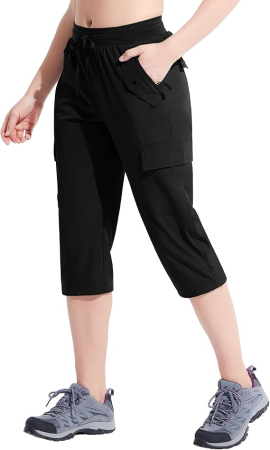 Pantaloni sport respirabili pentru femei, cu buzunare si talie elastica, 3/4 negri M [1]