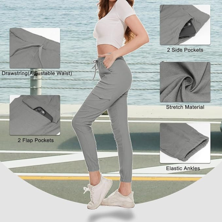 Pantaloni sport respirabili pentru femei, talie elastica cu snur, Gri 2XL [3]