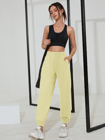 Pantaloni sport respirabili pentru femei, largi, talie elastica, Crem L [4]
