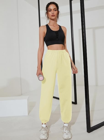 Pantaloni sport respirabili pentru femei, largi, talie elastica, Galben M [5]