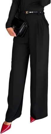 Pantaloni Palazzo Damă cu Talie Înaltă – Croială Largă, Material Elastic, 2 Buzunare, Office & Casual, XL [3]