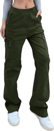 Pantaloni verzi damă Cargo Y2K, croială largă, talie elastică, 4 buzunare și material elastic, M [2]