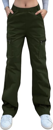Pantaloni dama - Pantaloni verzi damă Cargo Y2K, croială largă, talie elastică, 4 buzunare și material elastic, M