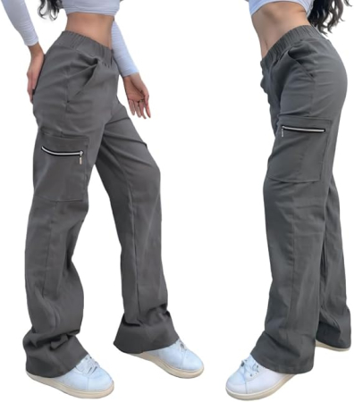 Pantaloni gri damă Cargo Y2K, croială largă, talie elastică, 4 buzunare și material elastic, M [3]