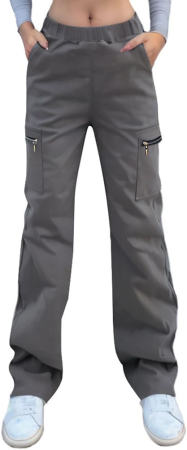 Pantaloni dama - Pantaloni gri damă Cargo Y2K, croială largă, talie elastică, 4 buzunare și material elastic, M