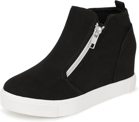 Pantofi dama - Pantofi sport comozi pentru femei, negri cu talpa alba, 2 fermoare, peste glezna, 36