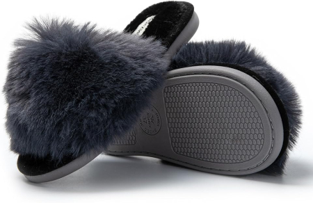 Papuci de casă damă 37 cu blăniță gri, model inimioară, talpă TPR antiderapantă și branț Memory Foam [1]