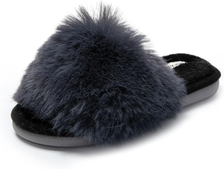 Slapi, papuci, saboti dama - Papuci de casă damă 37 cu blăniță gri, model inimioară, talpă TPR antiderapantă și branț Memory Foam