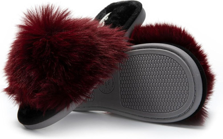 Papuci de casă damă 37 cu blăniță visinie, model inimioară, talpă TPR antiderapantă și branț Memory Foam [1]