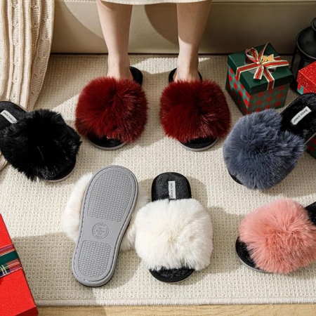 Papuci de casă damă 37 cu blăniță gri, model inimioară, talpă TPR antiderapantă și branț Memory Foam [5]
