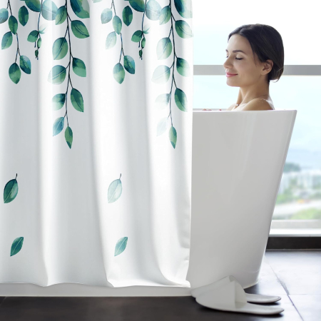 Perdea de dus textil anti-mucegai, usor lavabila, impermeabila 120x180 cm cu12 carlige, alba cu frunze [3]