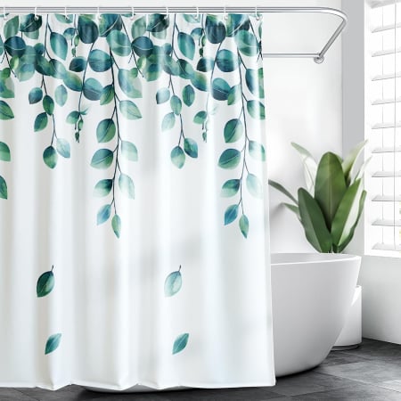 ORGANIZARE SPATIU - Perdea de dus textil anti-mucegai, usor lavabila, impermeabila 120x180 cm cu12 carlige, alba cu frunze