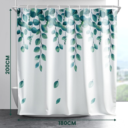 Perdea de dus textil anti-mucegai, usor lavabila, impermeabila 120x180 cm cu12 carlige, alba cu frunze [1]