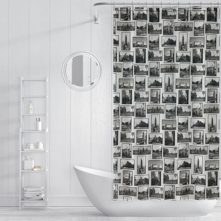 Perdea de dus textila, groasa,opaca, usor lavabila, impermeabila, cu model urban 180x200cm cu12 carlige [1]