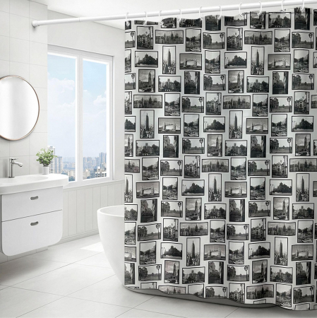 CASA SI GRADINA - Perdea de dus textila, groasa,opaca, usor lavabila, impermeabila, cu model urban 180x200cm cu12 carlige