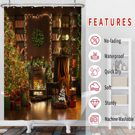 Perdea de dus, usor lavabila, impermeabila 180x180 cm cu12 carlige , Model Craciun [2]