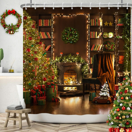 ORGANIZARE SPATIU - Perdea de dus, usor lavabila, impermeabila 180x180 cm cu12 carlige , Model Craciun