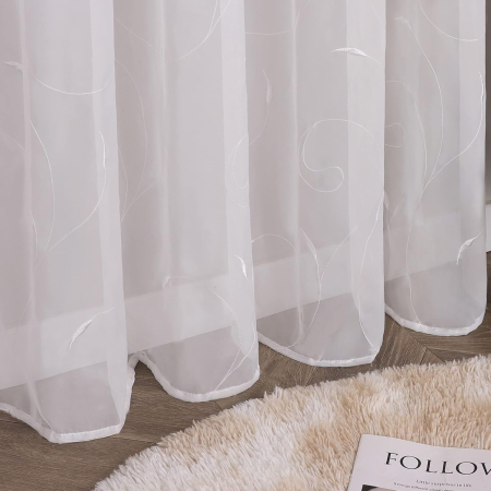 Perdea brodată model frunze cu bucle sus 1‑buc – Alb 140x145cm [5]