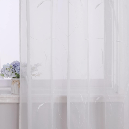 Perdea brodată model frunze cu bucle sus 1‑buc – Alb 140x145cm [3]