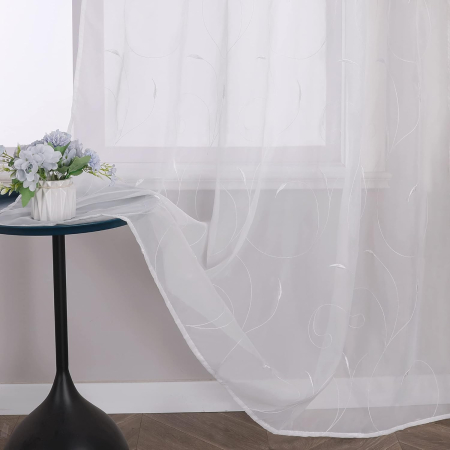 perdele su draperii - Perdea brodată model frunze cu bucle sus 1‑buc – Alb 140x145cm