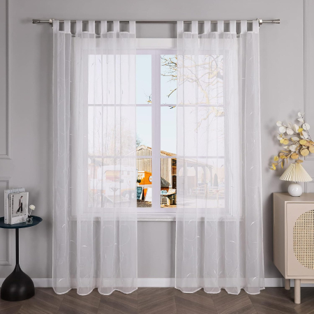 Perdea brodată model frunze cu bucle sus 1‑buc – Alb 140x145cm [1]