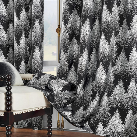 Perdele opace cu inele metalice, scurte, 245 x 132 cm-set 2 bucati, negru cu model pini [6]