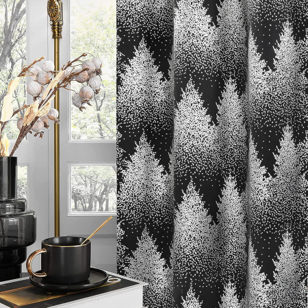 perdele su draperii - Perdele opace cu inele metalice, scurte, 245 x 132 cm-set 2 bucati, negru cu model pini