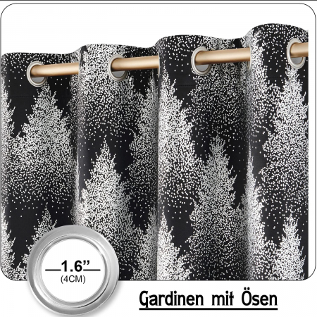 Perdele opace cu inele metalice, scurte, 245 x 132 cm-set 2 bucati, negru cu model pini [5]