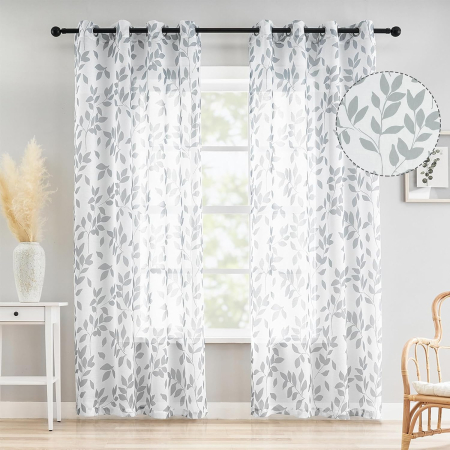 Set 2 Perdele Voal cu Imprimeu Frunze Gri, 136 x 180 cm/Bucată, 8 Ochiuri Metalice, Material Texturat, Semi-Transparente, Alb-Gri [1]