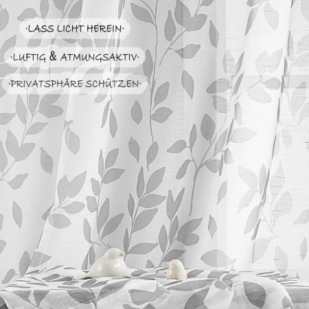 Set 2 Perdele Voal cu Imprimeu Frunze Gri, 136 x 180 cm/Bucată, 8 Ochiuri Metalice, Material Texturat, Semi-Transparente, Alb-Gri [2]